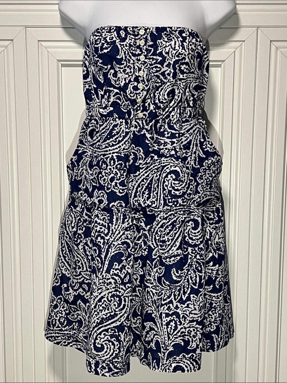 American Eagle Outfitters Sz 8 Navy & White💯 Cotton Strapless Paisley Dress